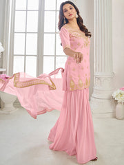 Pink Women Ethnic Motifs Embroidered Regular Thread Work Kurti with Sharara & With Dupatta