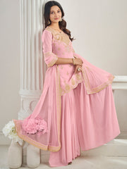 Pink Women Ethnic Motifs Embroidered Regular Thread Work Kurti with Sharara & With Dupatta