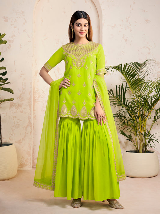 Women Ethnic Motifs Embroidered Regular Sequinned Kurta with Sharara & With Dupatta