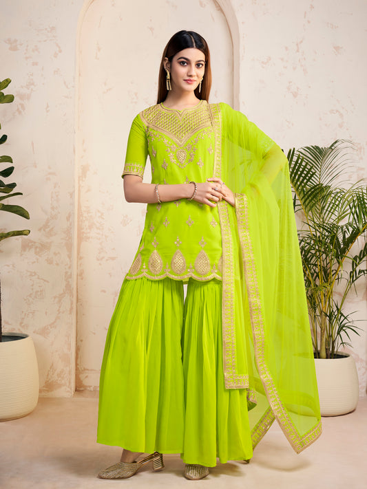 Women Ethnic Motifs Embroidered Regular Sequinned Kurta with Sharara & With Dupatta