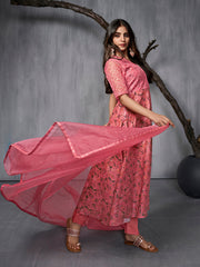 Women Floral Printed Panelled Thread Work Kurta with Trousers & With Dupatta