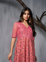 Women Floral Printed Panelled Thread Work Kurta with Trousers & With Dupatta