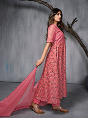 Women Floral Printed Panelled Thread Work Kurta with Trousers & With Dupatta