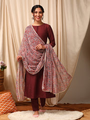 Maroon Women Panelled Kurta with Trousers & With Dupatta