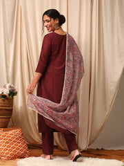 Maroon Women Panelled Kurta with Trousers & With Dupatta