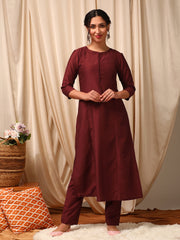 Maroon Women Panelled Kurta with Trousers & With Dupatta