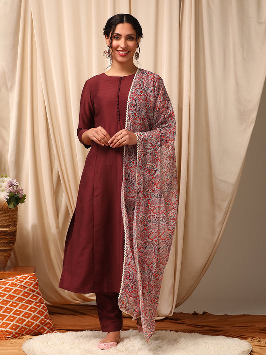 Maroon Women Panelled Kurta with Trousers & With Dupatta