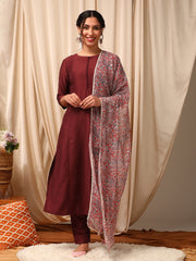 Maroon Women Panelled Kurta with Trousers & With Dupatta
