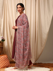 Maroon Women Panelled Kurta with Trousers & With Dupatta
