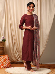 Maroon Women Panelled Kurta with Trousers & With Dupatta