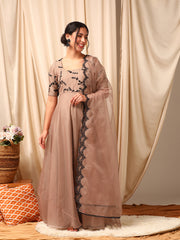 Beige Women Floral Flared Sleeves Thread Work Anarkali Kurta