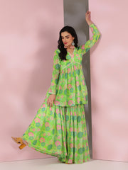 Green Women Floral Printed Pleated Gotta Patti Kurta with Sharara