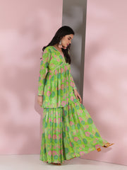 Green Women Floral Printed Pleated Gotta Patti Kurta with Sharara