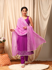 Women Purple Floral Embroidered Regular Thread Work Kurta with Trousers & With Dupatta
