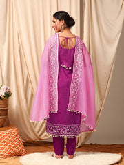 Women Purple Floral Embroidered Regular Thread Work Kurta with Trousers & With Dupatta