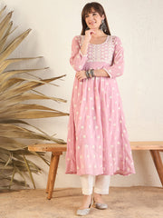 Pink Women Geometric Flared Sleeves Georgette Anarkali Kurta