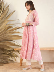 Pink Women Geometric Flared Sleeves Georgette Anarkali Kurta