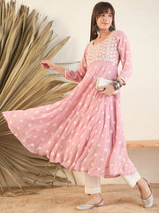 Pink Women Geometric Flared Sleeves Georgette Anarkali Kurta