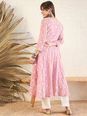 Pink Women Geometric Flared Sleeves Georgette Anarkali Kurta