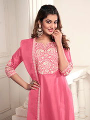 Women Floral Yoke Design Regular Thread Work Kurta with Trousers & With Dupatta