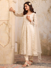 Women Floral Embroidered Round Neck Anarkali Kurta With Trousers & Dupatta