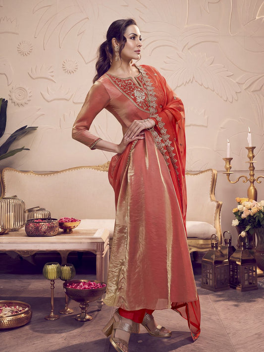 Women Floral Yoke Design Regular Thread Work Kurta with Trousers & With Dupatta