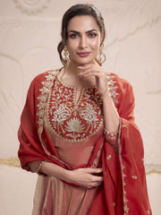 Women Floral Yoke Design Regular Thread Work Kurta with Trousers & With Dupatta
