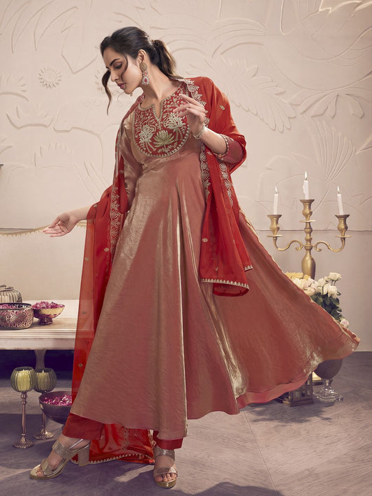 Women Floral Yoke Design Regular Thread Work Kurta with Trousers & With Dupatta