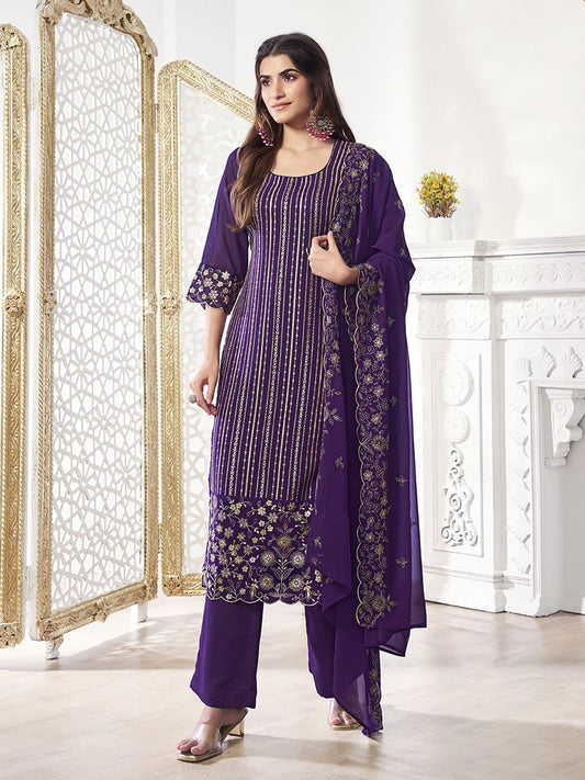 Women Floral Thread and Sequinned Embroidered Kurta and Palazzo with Dupatta
