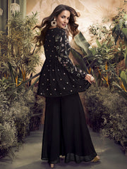 Women Floral Embroidered Pleated Thread Work Kurta with Sharara