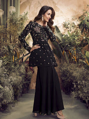Women Floral Embroidered Pleated Thread Work Kurta with Sharara