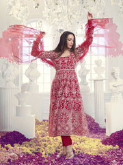 Floral Embroidered Thread Work Net Anarkali Kurta With Trousers & Dupatta