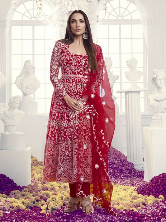 Floral Embroidered Thread Work Net Anarkali Kurta With Trousers & Dupatta