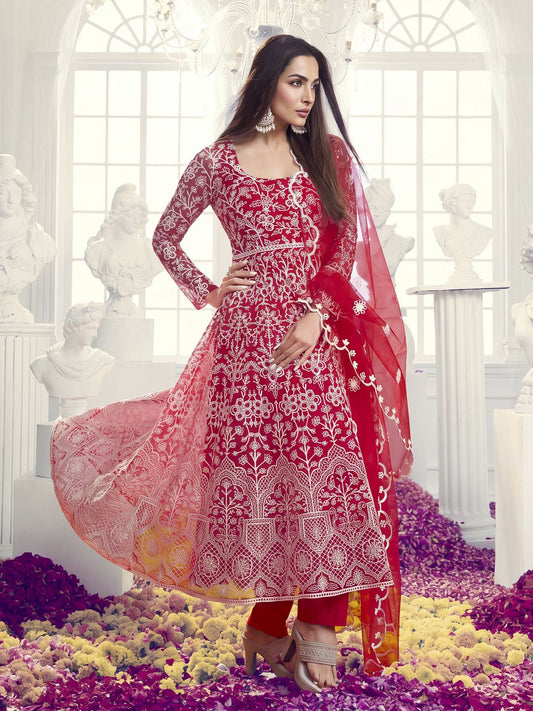 Floral Embroidered Thread Work Net Anarkali Kurta With Trousers & Dupatta