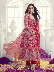 Floral Embroidered Thread Work Net Anarkali Kurta With Trousers & Dupatta