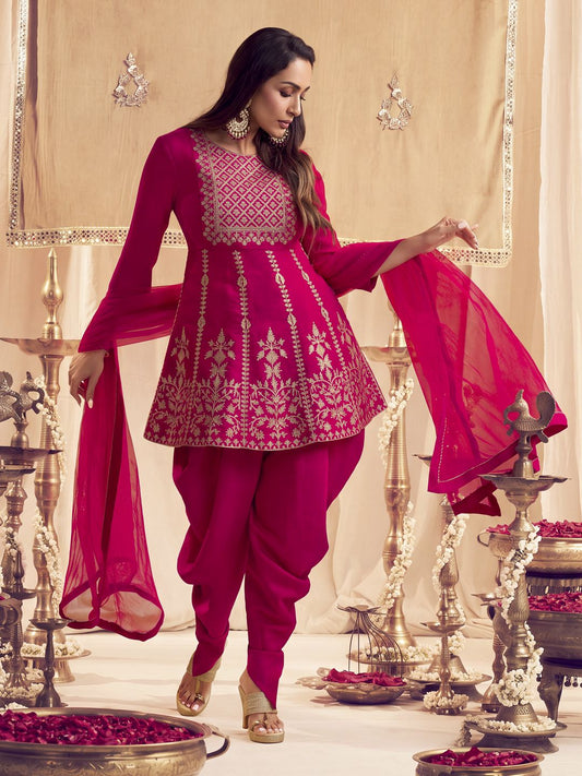 Women Ethnic Motifs Yoke Design Empire Thread Work Kurti with Dhoti Pants & With Dupatta
