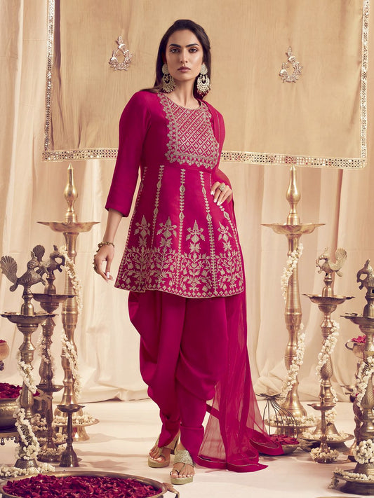 Women Ethnic Motifs Yoke Design Empire Thread Work Kurti with Dhoti Pants & With Dupatta
