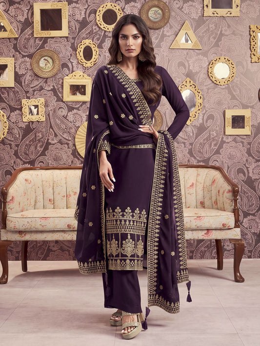 Ethnic Motifs Embroidered Georgette Straight Kurta With Palazzos & Dupatta