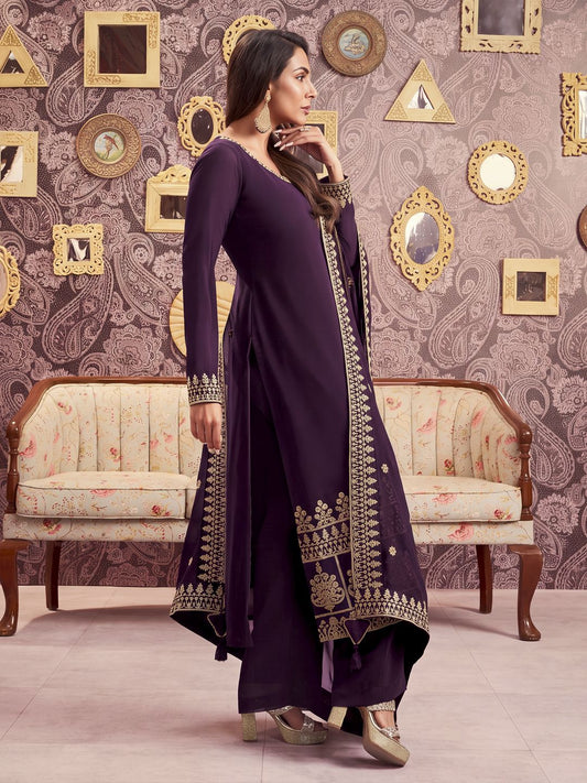 Ethnic Motifs Embroidered Georgette Straight Kurta With Palazzos & Dupatta