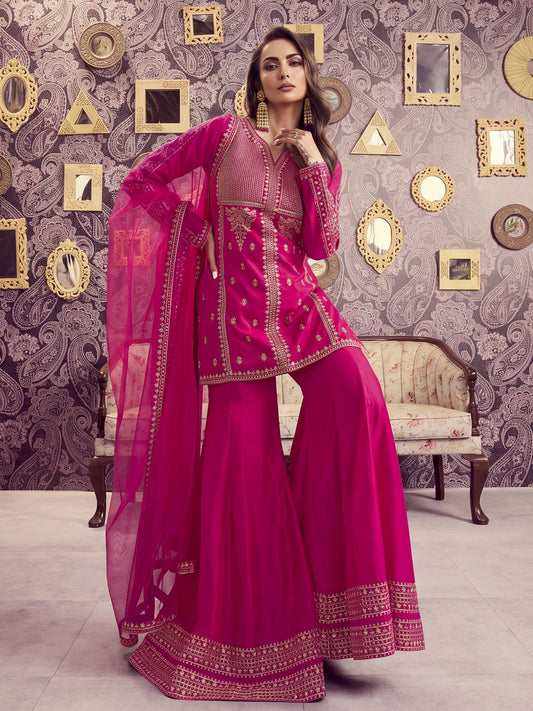 Ethnic Motifs Embroidered Notch Neck Sequinned A-Line Kurta With Sharara & Dupatta