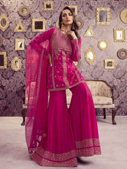 Ethnic Motifs Embroidered Notch Neck Sequinned A-Line Kurta With Sharara & Dupatta