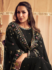 Ethnic Motifs Embroidered Sequin Georgette Straight Kurta With Trousers & Dupatta