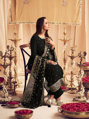 Ethnic Motifs Embroidered Sequin Georgette Straight Kurta With Trousers & Dupatta