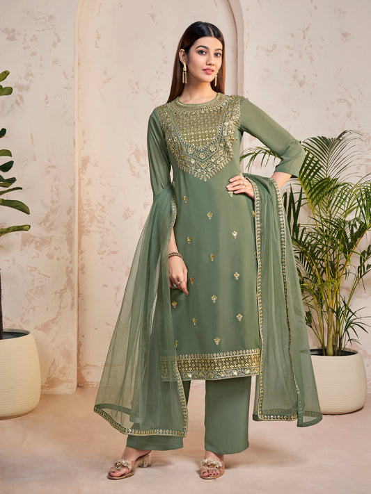 Women Floral Yoke Design Regular Sequinned Kurta with Palazzos & With Dupatta