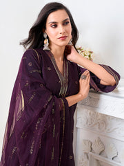 Floral Embroidered V-Neck Sequinned Velvet Straight Kurta With Trousers & Dupatta