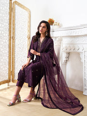 Floral Embroidered V-Neck Sequinned Velvet Straight Kurta With Trousers & Dupatta