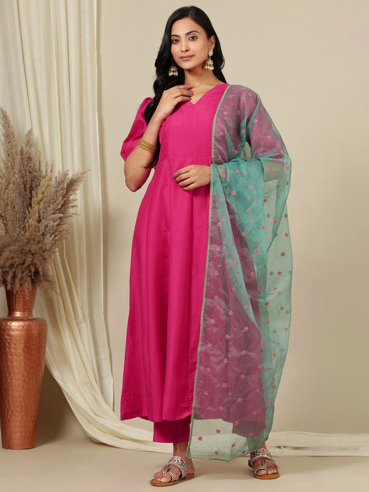 Pink V-Neck Puff Sleeves A-Line Kurta with Trousers & Dupatta