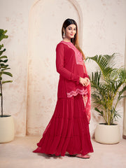Ethnic Motifs Embroidered Sequinned Georgette Straight Kurti With Sharara & Dupatta