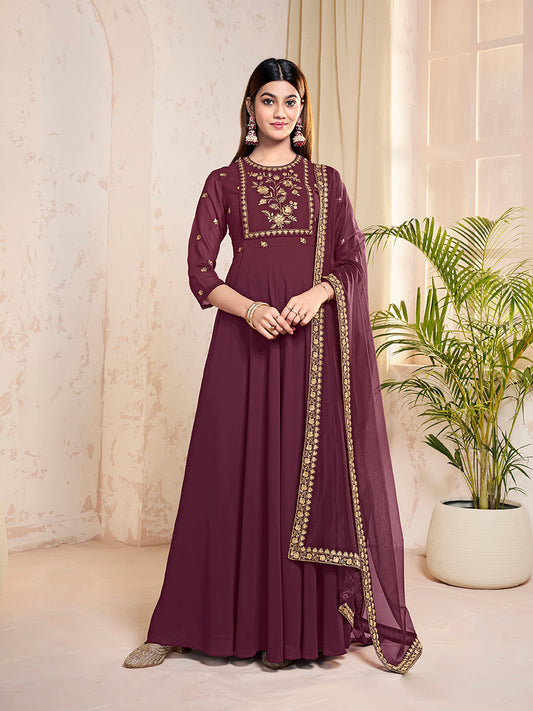 Floral Embroidered Panelled Georgette Anarkali Kurta With Dupatta