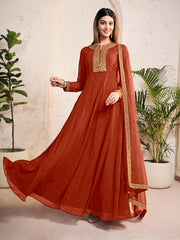 Floral Mukaish Embroidered Floral Georgette Notch-Neck Anarkali Kurta With Dupatta